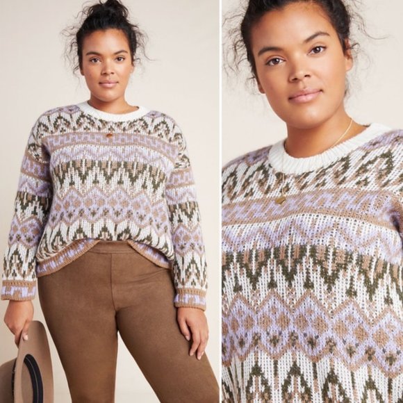 Anthropologie Fabiana Alpaca Wool Blend Fair Isle Knit Cropped Length Sweater - Picture 2 of 14